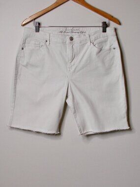 White Denim Bermuda Shorts Gloria Vanderbilt High Waist Raw Frayed Hem Size 12